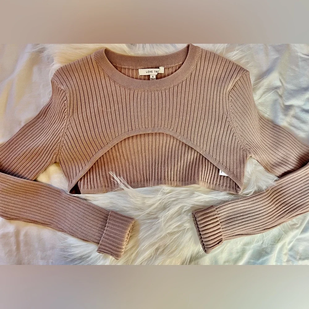 Love Tre Ribbed Knit Cropped Top Long Sleeve Tan Size Small New No Tags
